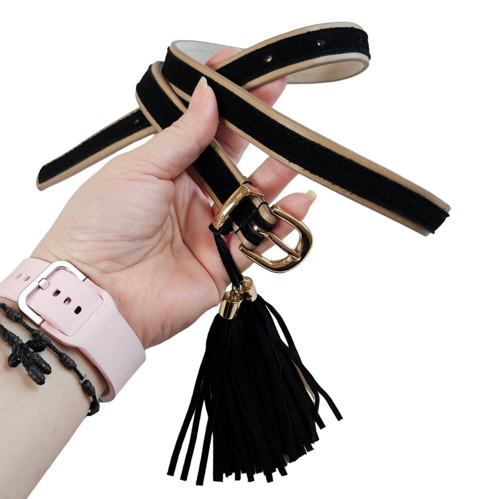 White House Black Market Black Suede Belt With Tassel Women's Medium Boho‎ Chic